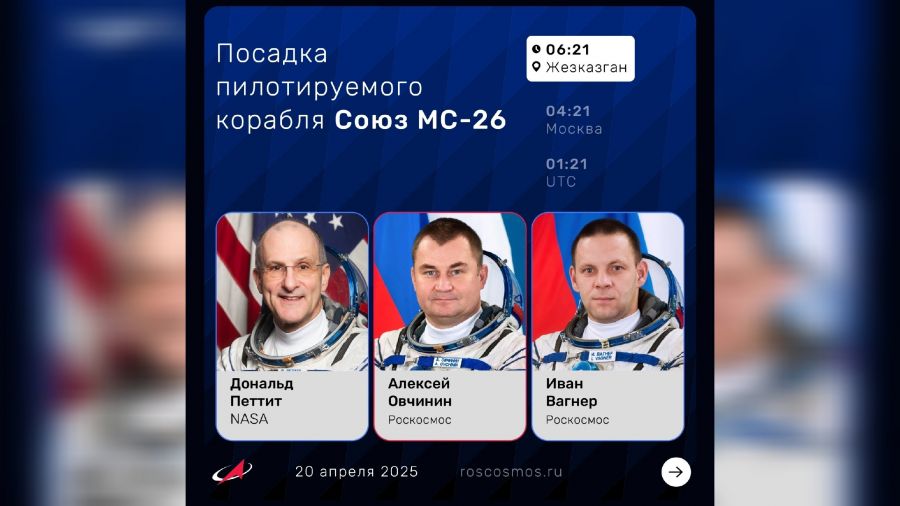 Завтра экипаж корабля &laquo;Союз МС-26&raquo; возвращается на Землю